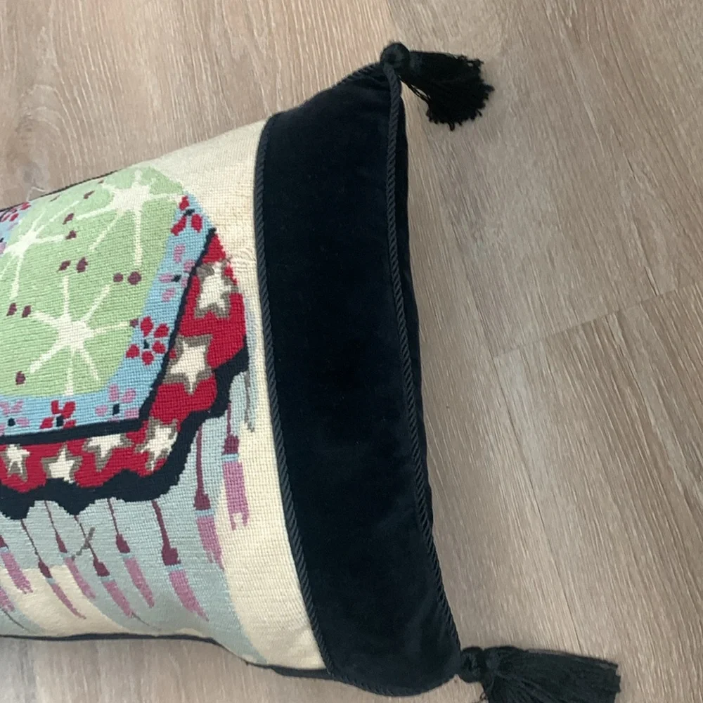 Vintage Mid-Century Modern Needlepoint Pillow elephant design w tassels velvet‎